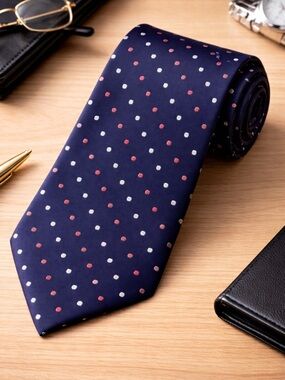 Paul Fredrick Tie Navy Blue Polka Dot 100% Silk Tie